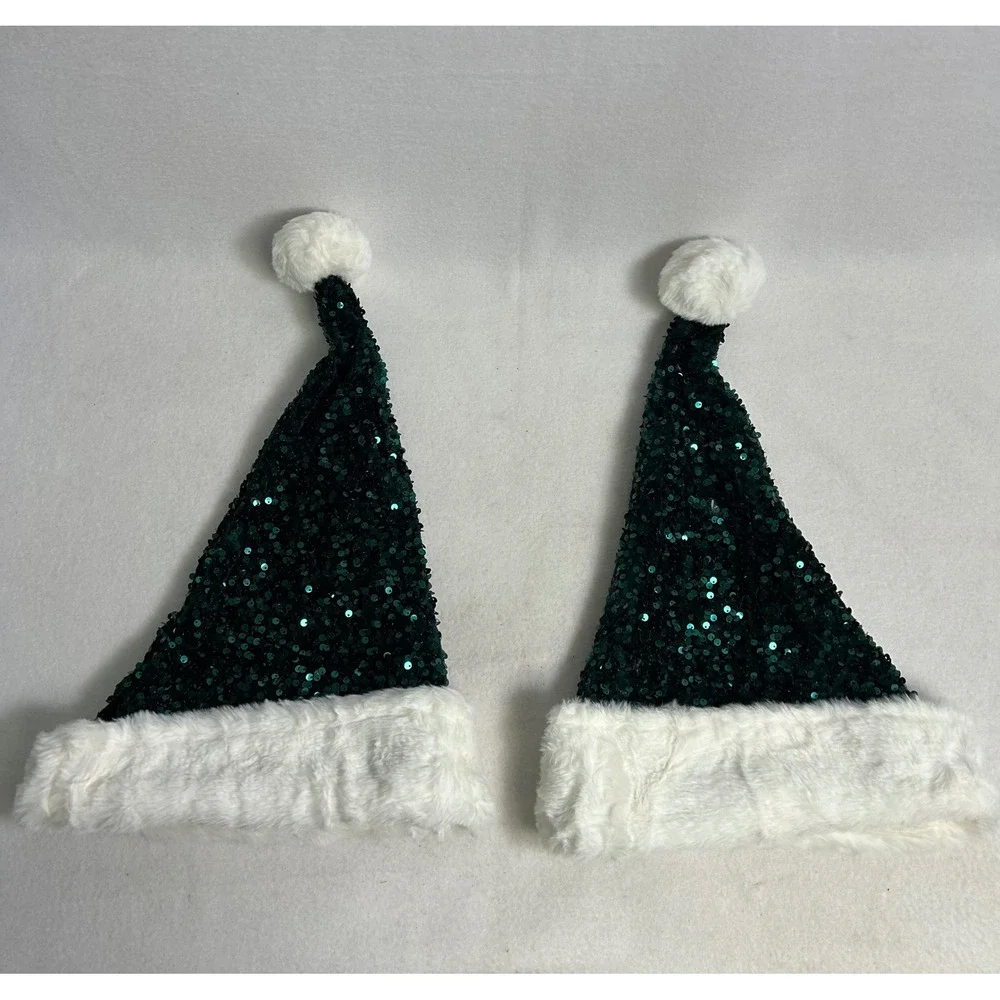 Christmas Holiday Great Value Womens OS Green Sequin Faux Fur Santa Hat Set of 2